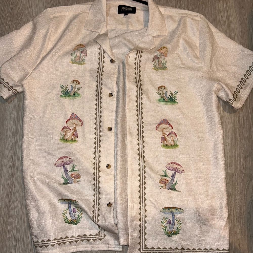Malibu by Drill Clothing Co. Shirt Button Up Mushroom Themed Men's Size M